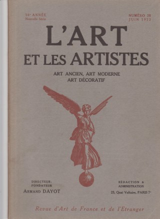 Forestier-LArt-et-les-Artistes-June-1922 - Serres-et-Montguyard Cover of the magazine L'ART ET LES ARTISTES with a red winged figure statue in the center and French subtitles about art eras and decorative art.