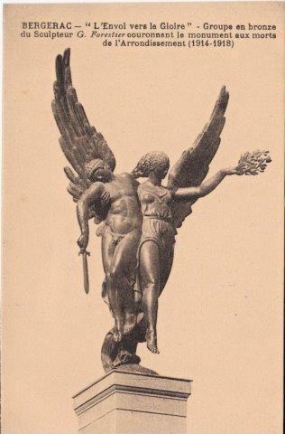 Forestier-Postcard-Bergerac - Serres-et-Montguyard Bronze winged angel statue from a WWI monument in Bergerac, titled'L’Envol vers le Ciel' by G. Forestier, standing on a pedestal.