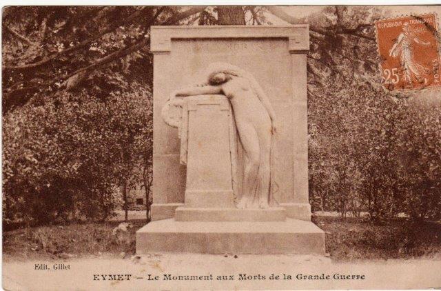 Forestier-Postcard-Eymet2 - Serres-et-Montguyard Monument aux Morts de la Grande Guerre in a park, a grieving figure resting on a tall pedestal; sepia-toned postcard image